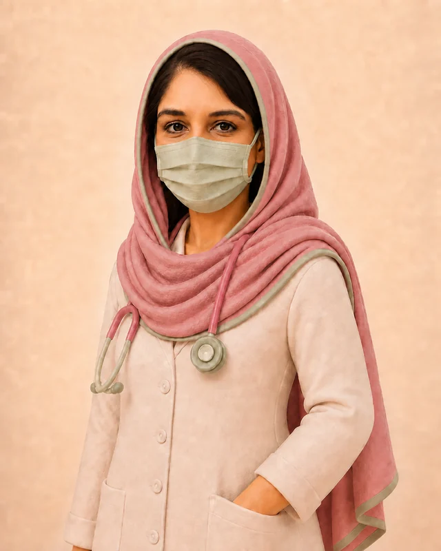 Illustrated portrait of the clinic's paediatrician in a white coat and pink headscarf, with a stethoscope