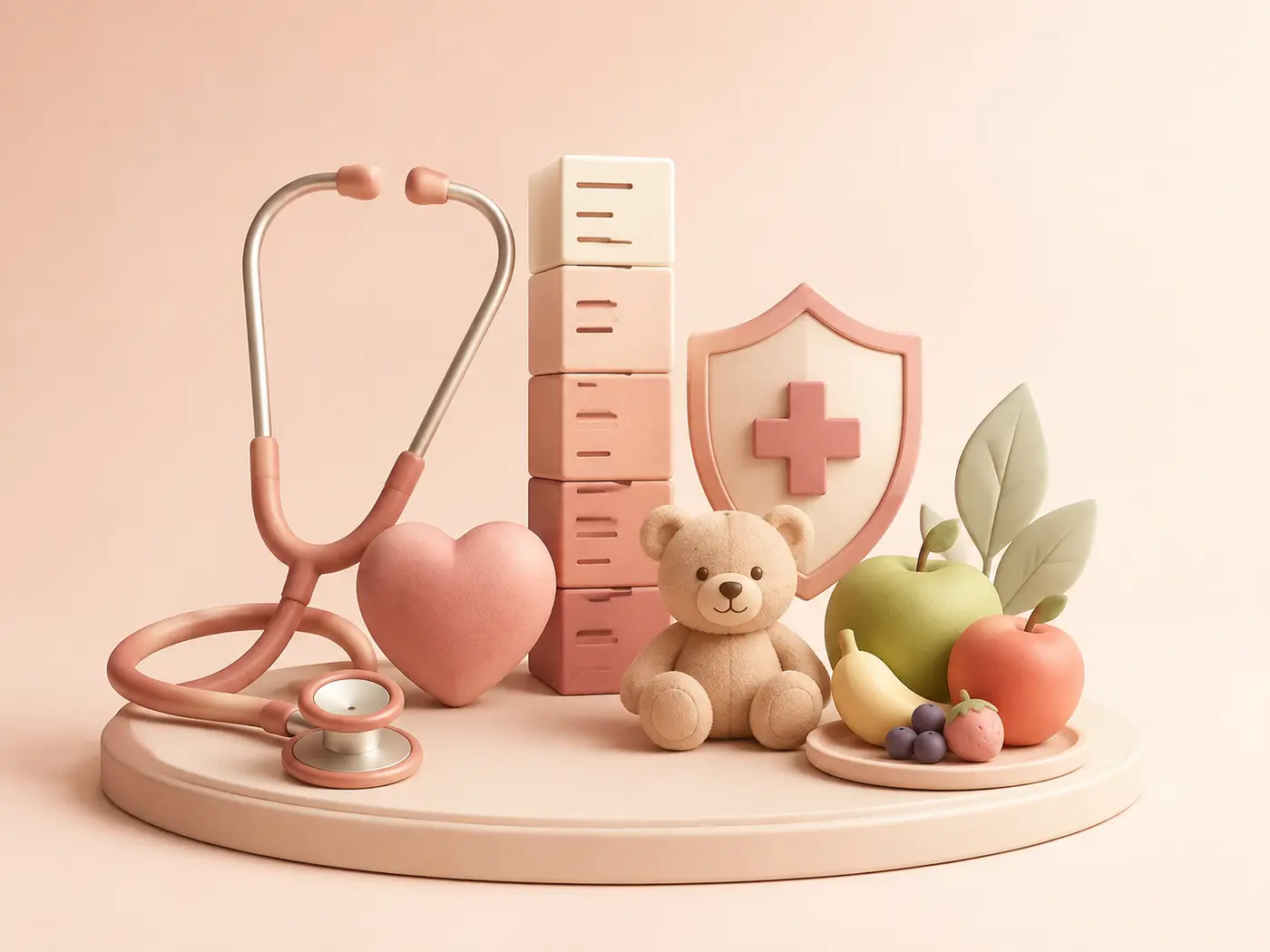 3D still life of child-health symbols including a stethoscope, teddy bear and nutrition shapes
