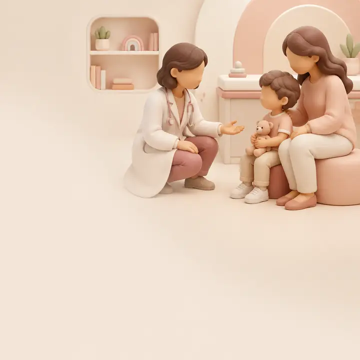 3D illustration of a paediatric consultation with a parent and child