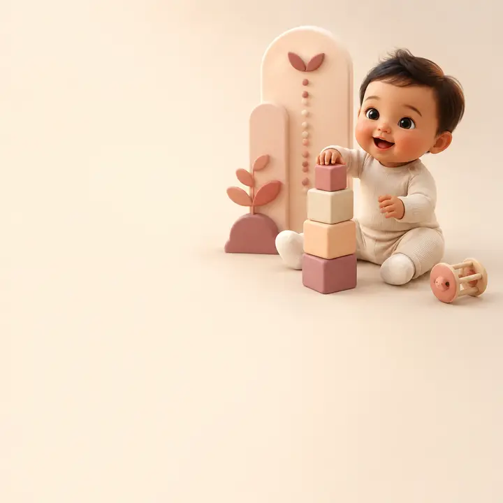3D illustration of infant development with milestone toys and blocks